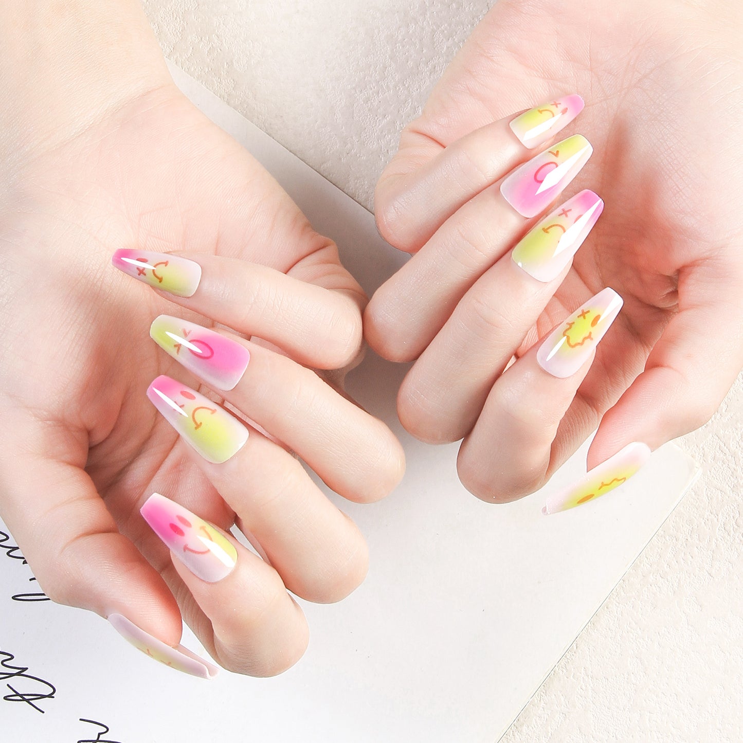 24PCS Sun Changed Cartoon Pattern Press On Nails, Handmade Long Coffin Fake Nails for Women and Girls DIY Nail Art, Creative Stick On Nails Kit