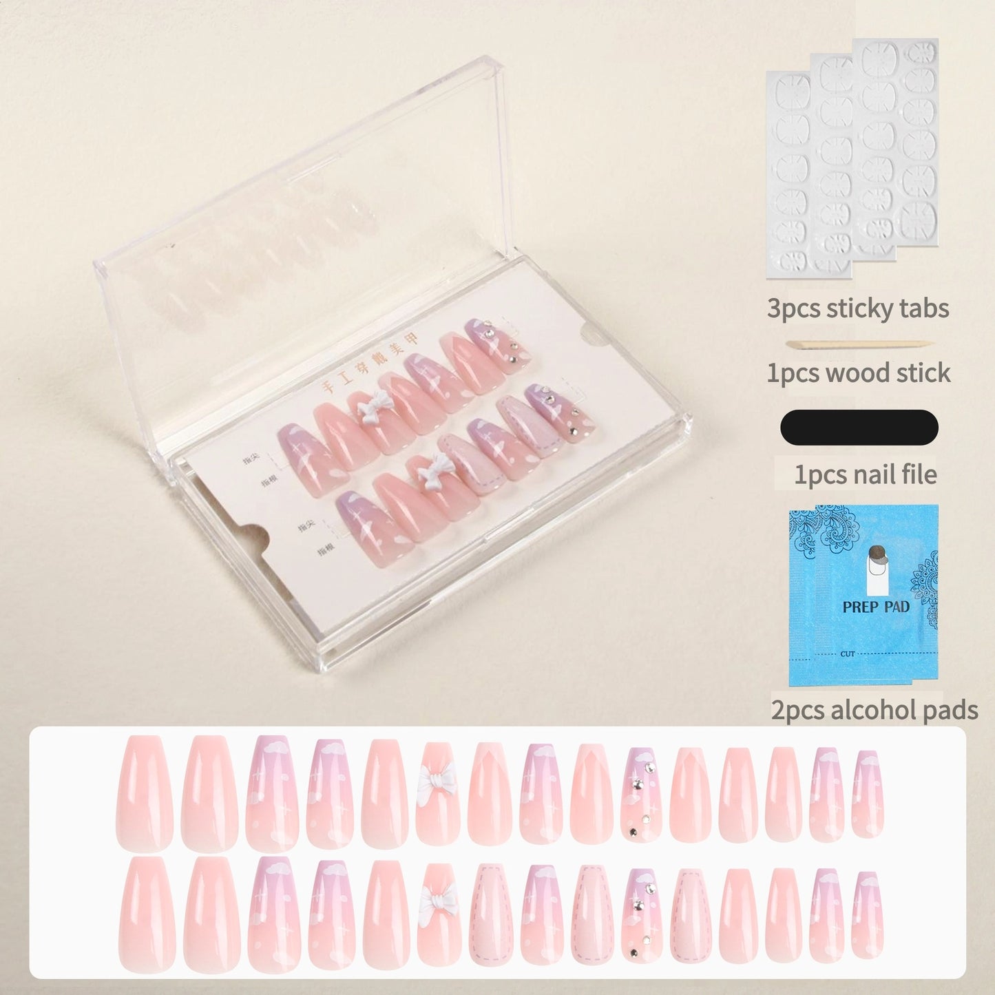 Rhinestone Decor Cloud Pattern Press On Nails Manicure Set, 30pcs Handmade Square Fake Nails for Women DIY Nail Art