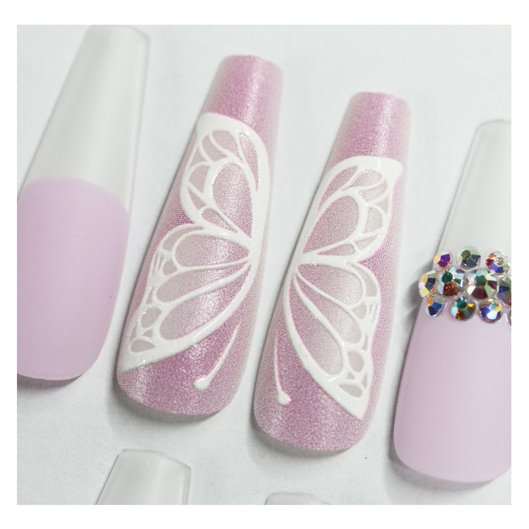 30PCS Rhinestone&Butterfly Pattern Fake Nails, Long Sqaure Ballerina Press On Nails, Elegant Stick on Nails Kit for Women and Girls