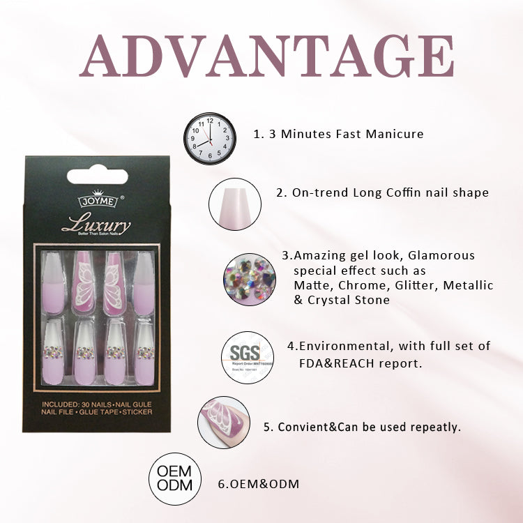 30PCS Rhinestone&Butterfly Pattern Fake Nails, Long Sqaure Ballerina Press On Nails, Elegant Stick on Nails Kit for Women and Girls