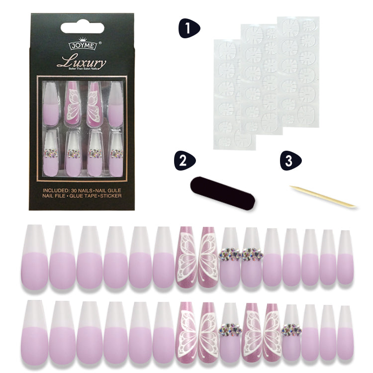 30PCS Rhinestone&Butterfly Pattern Fake Nails, Long Sqaure Ballerina Press On Nails, Elegant Stick on Nails Kit for Women and Girls