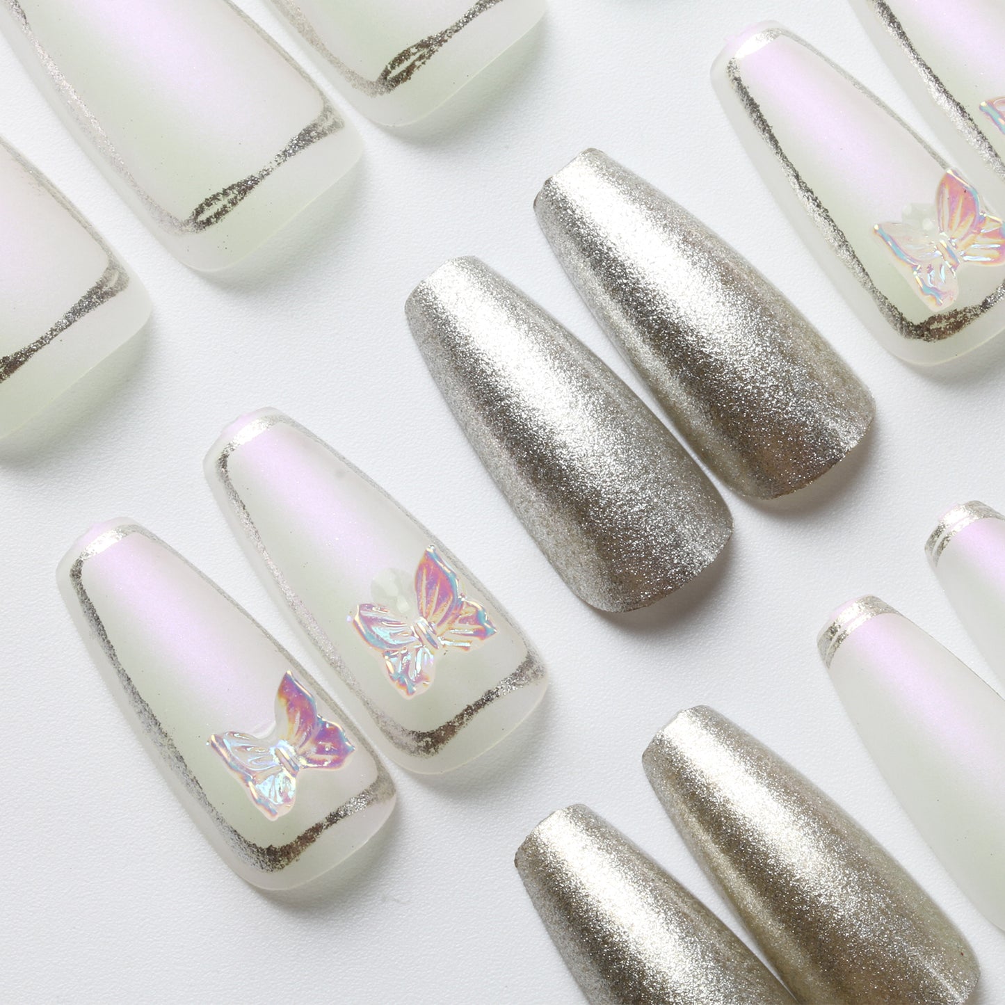 30PCS Butterfly Pattern Glitter Long Coffin Press on Nails, Ballerina Handmade Fake Nails for Women and Girls DIY Nail Art, Manicure Full Cover Sticker Nails