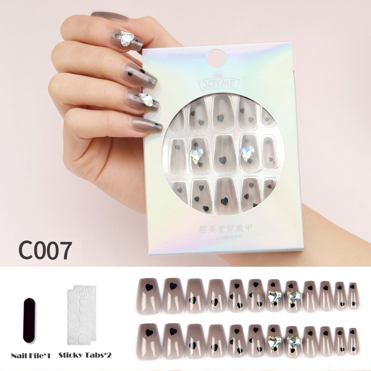 24PCS Heart Pattern&3D Rhinestone Decor Glossy Fake Nails with Stickers&Nail File, French Style Ballerina Press on Nails for Women&Girls