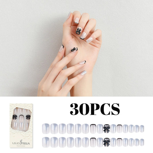 30PCS 3D Bow Pattern Galaxy Pattern French Style Press On Nail,Elegant Long Coffin Fake Nails for Women and Girls DIY Nail Art