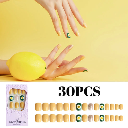 30PCS Artificial Floral Pattern Press On Nails Manicure Set, Middle Long Ballerina Fake Nails for   Women Girls DIY Nail Art