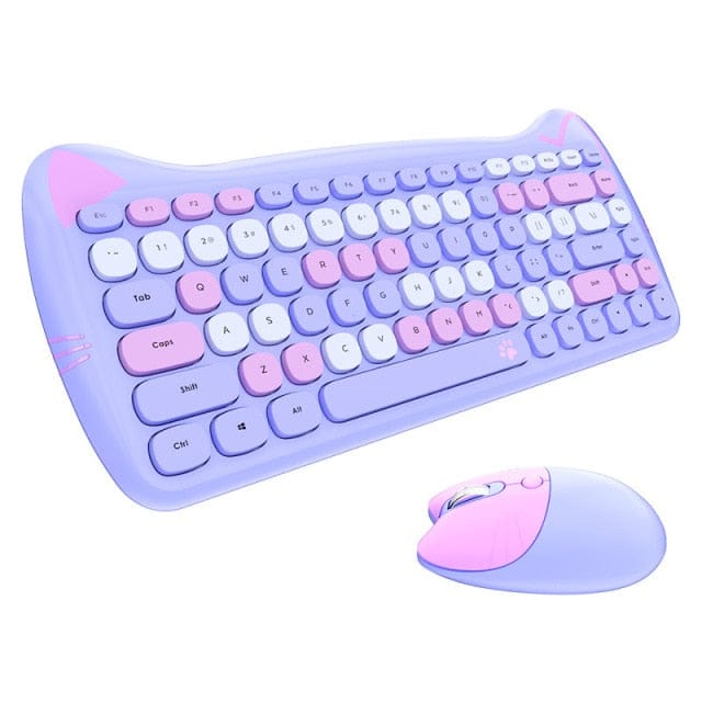 Kawaii Cat Wireless Keyboard & Mouse Set- grape