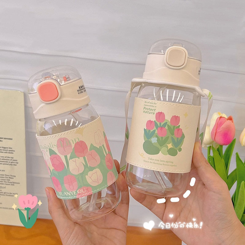 Kawaii Tulip Glass Water Bottle