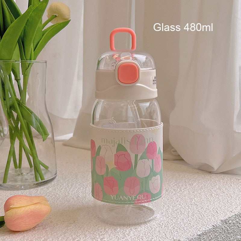 Kawaii Tulip Glass Water Bottle