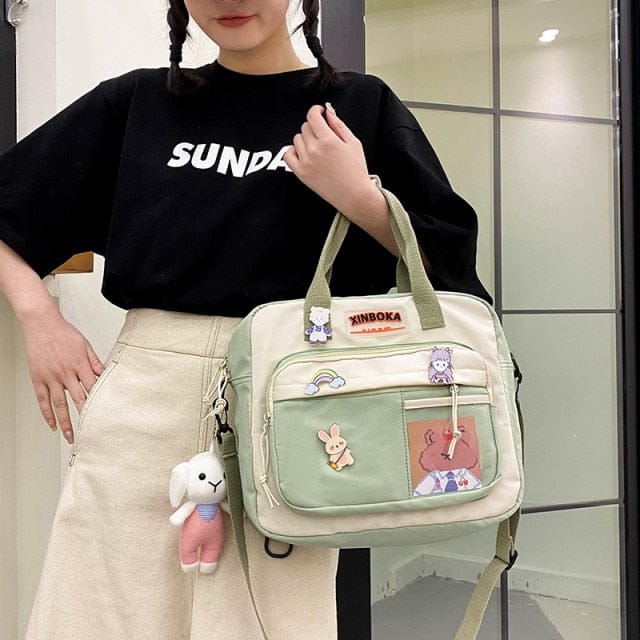 Softly Kawaii Satchel Pocket Schoolbag Green With-Accessories Bags The Kawaii Shoppu