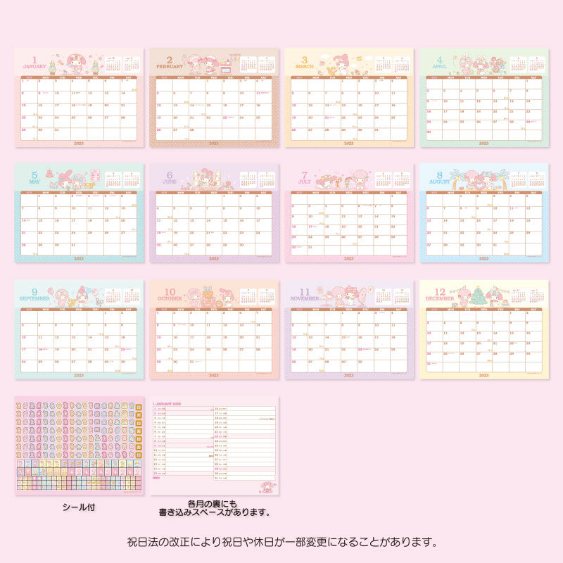 Japan Sanrio Characters Mix / Pochacoo / My Melody / Kuromi / Little Twin Stars / Hello Kitty / Keroppi / Gudetama / Tuxedo Sam / Pompompurin / Cinnamoroll 2023 Desk Calendar