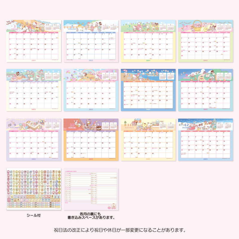 Japan Sanrio Characters Mix / Pochacoo / My Melody / Kuromi / Little Twin Stars / Hello Kitty / Keroppi / Gudetama / Tuxedo Sam / Pompompurin / Cinnamoroll 2023 Desk Calendar